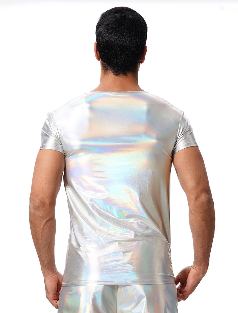 ABAFIP Men's Shiny Tank Top Short Sleeve Dance Shirt 70s Bodycon Party Music Festival T-Shirts - Image 2